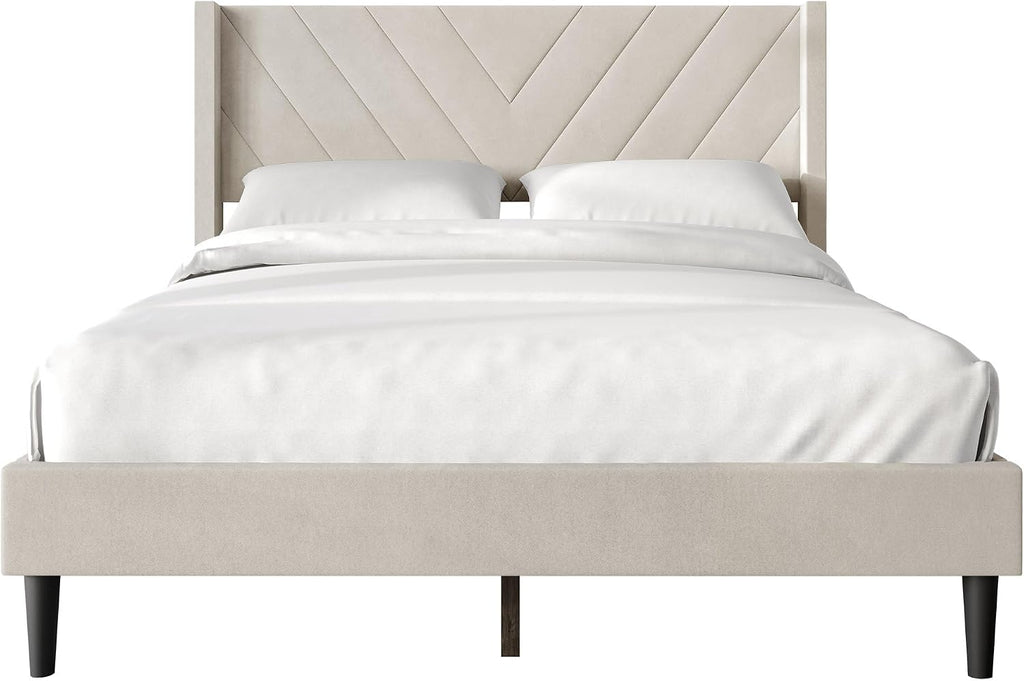 Queen Platform Bed Frame with Chevron-Stitched Wingback Headboard, Velvet Upholstery, No Box Spring Needed, Easy Assembly, Beige
