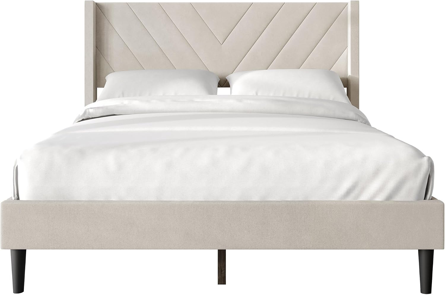 Queen Platform Bed Frame with Chevron-Stitched Wingback Headboard, Velvet Upholstery, No Box Spring Needed, Easy Assembly, Beige