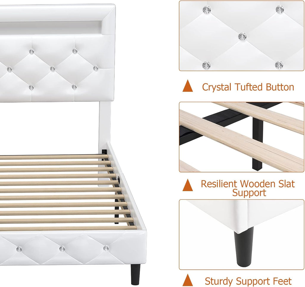 Keyluv Modern Upholstered Full Size Bed Frame with LED Lights, Faux Leather Low Profile Platform Bed Frame, Adjustable Crystal Button Tufted Headboard, Strong Wood Slat Support, Easy Assembly, White