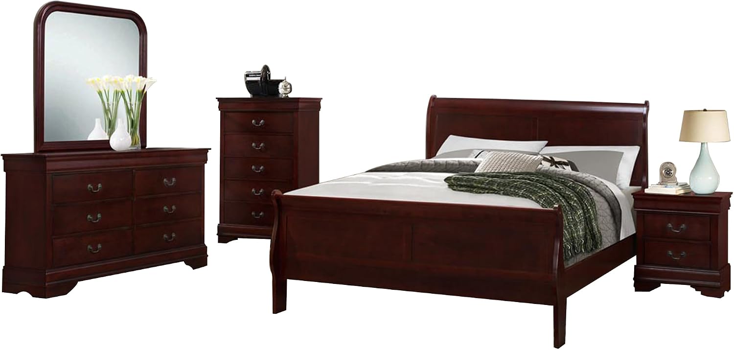 GTU Furniture 5pc Queen Size Sleigh Bedroom Set Louis Philippe Style in Cherry Finish (Cherry)