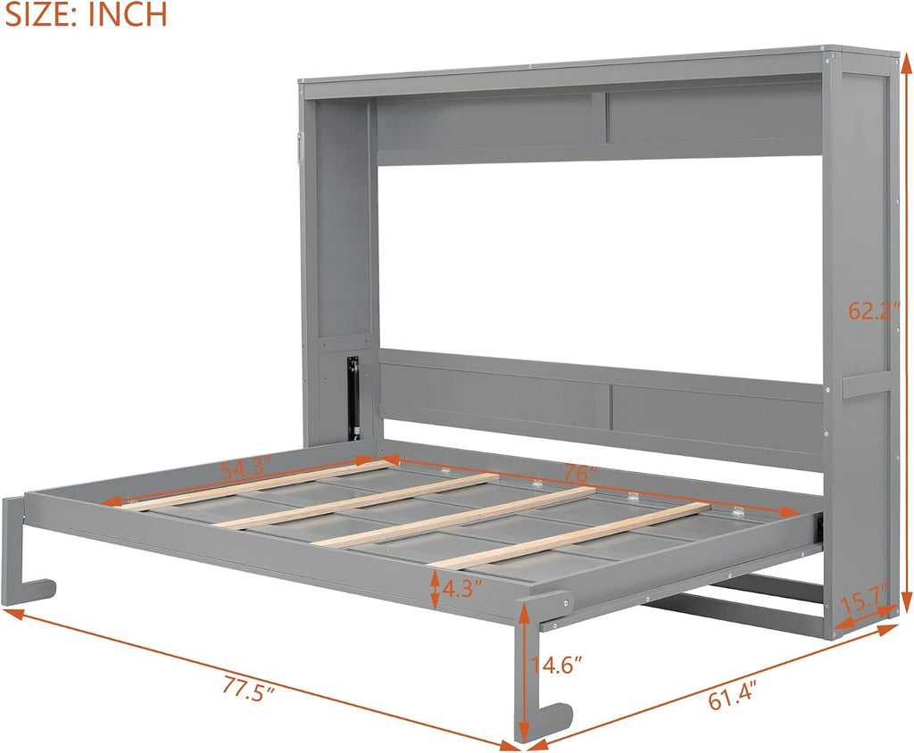 Merax Modern Murphy Cabinet Bed, Solid Wood Wall Platform Bed/No Box Spring Needed/Easy Assemble/Full,Gray