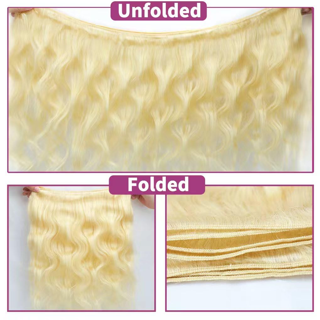 613 Bundles Human Hair 14 16 18 20 Inch Blonde Bundles Human Hair Body Wave 4 Bundles, 100% Raw Indian Hair, Can Be Dyed, Highlighted or Restyled, Minimal Shedding, No Tangle, Easy to Take Care of.