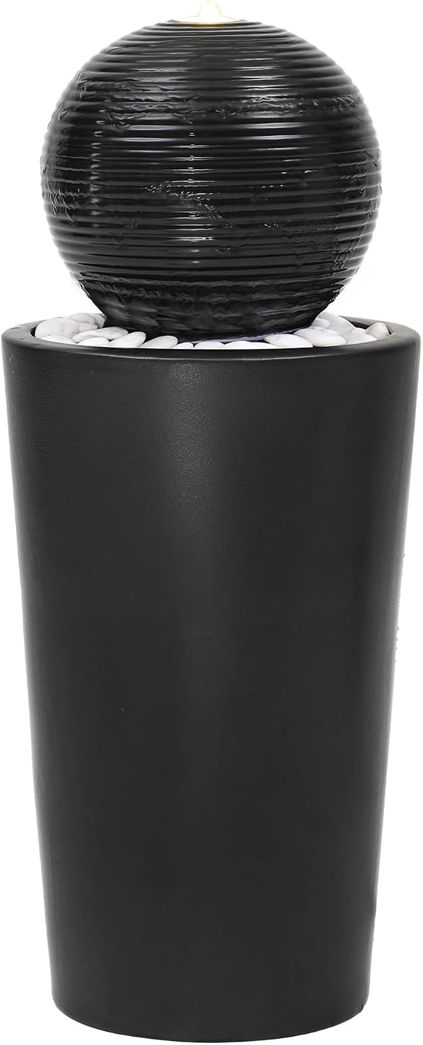 30' H Ceramic Sphere Water Fountain with LED Light, Modern Minimalist Design, Black Glaze with White Pebbles, Soothing Trickling Water Feature, Adding Artistic Charm & Tranquil Ambiance