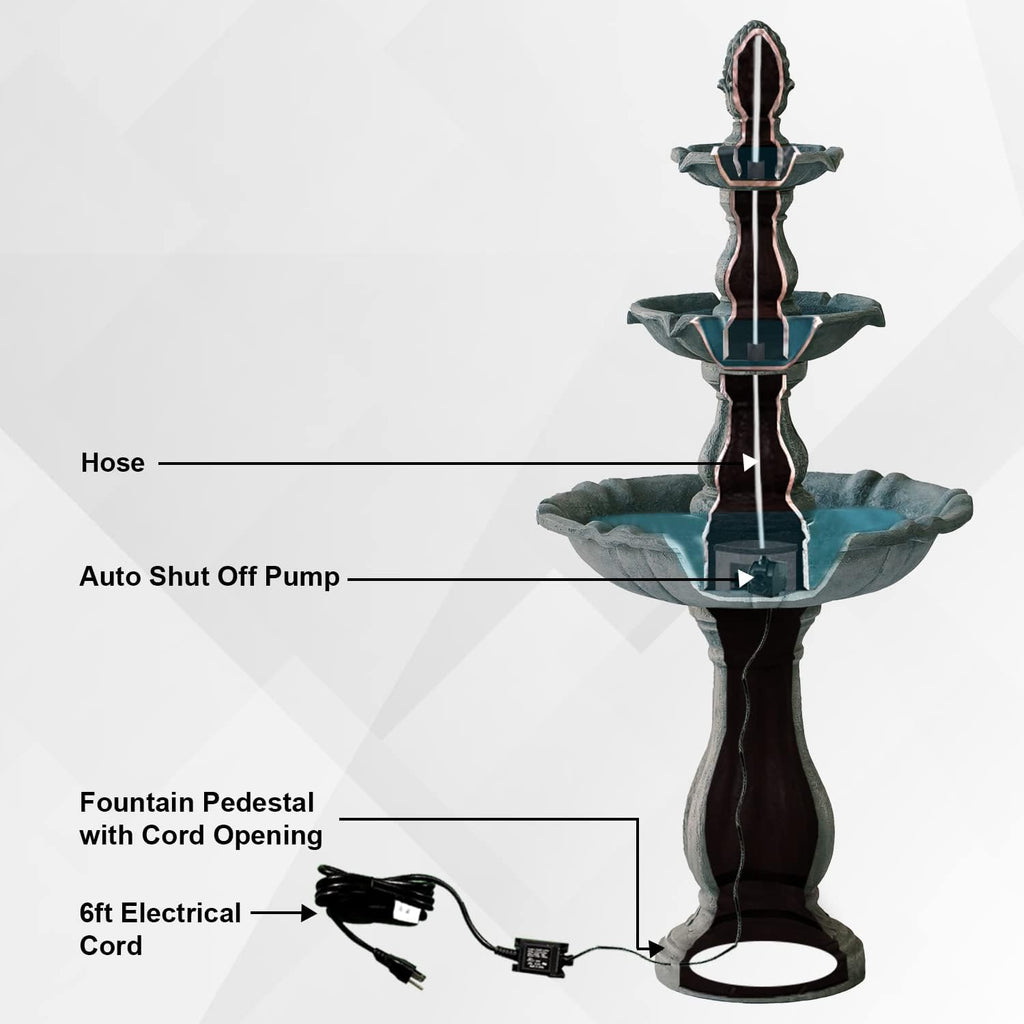 XBrand 51' 3-Tier Outdoor Freestanding Waterfall Fountain with Pump and Pineapple Finial, Gray