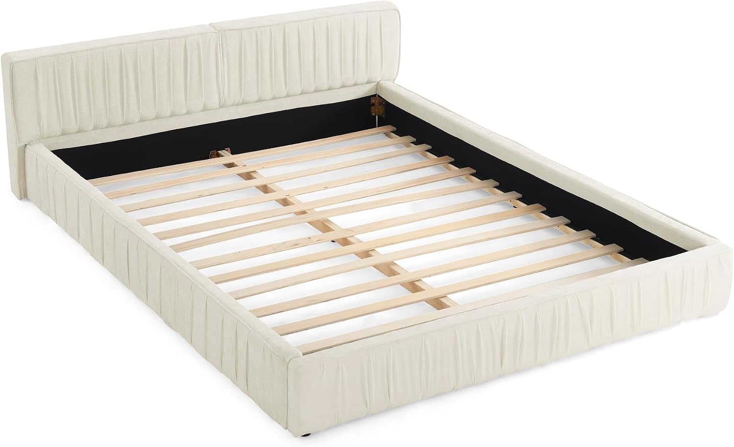 Ball & Cast Queen Size Low Bed Frame,Chenille Upholstered Platform Bed with Pleated Design Headboard,Grounded Floor Bed with Wood Slat Support,No Box Spring Needed,Beige