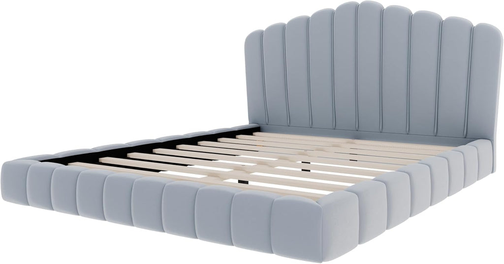 JIVOIT Velvet Upholstered Platform Bed, Queen Bed Frame with Shell-Shaped Headboard, Low-Profile Platform Design with Wood Slats Support, No Box Spring Needed (Light Blue * 167)