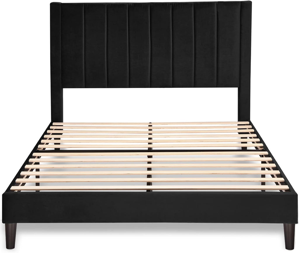 Allewie Queen Bed Frame/Velvet Upholstered Bed Frame with Vertical Channel Tufted Headboard/Strong Wooden Slats/Platform Bed Frame/Mattress Foundation/Box Spring Optional/Easy Assembly/Black
