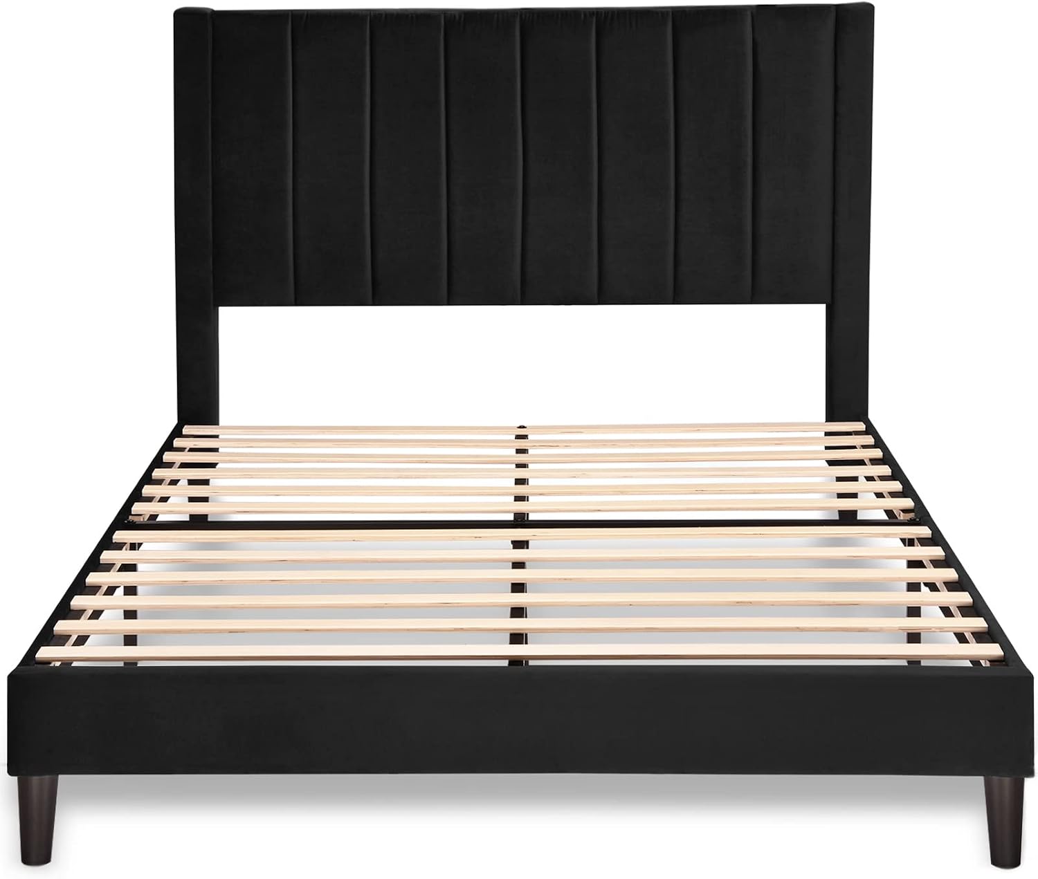 Allewie Queen Bed Frame/Velvet Upholstered Bed Frame with Vertical Channel Tufted Headboard/Strong Wooden Slats/Platform Bed Frame/Mattress Foundation/Box Spring Optional/Easy Assembly/Black