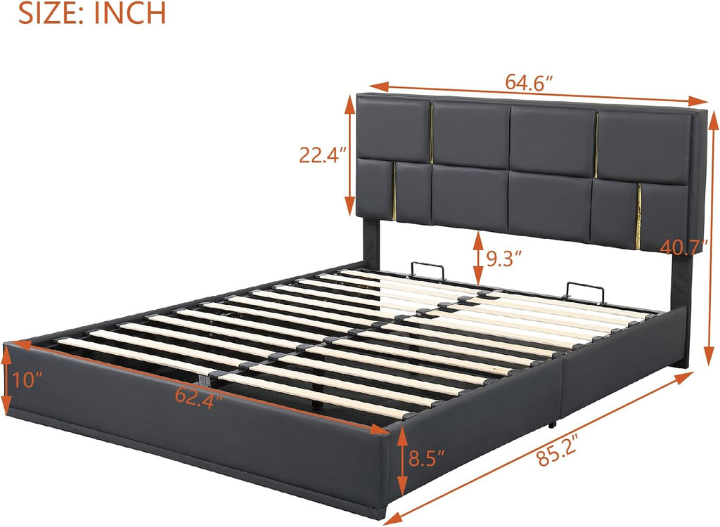 Queen Size Upholstered Bed Frame with Storage Ottoman, Hydraulic Storage Bed Frame with Headbaord and Storage Bench, 2-Piece Bedroom Furniture Set - Black