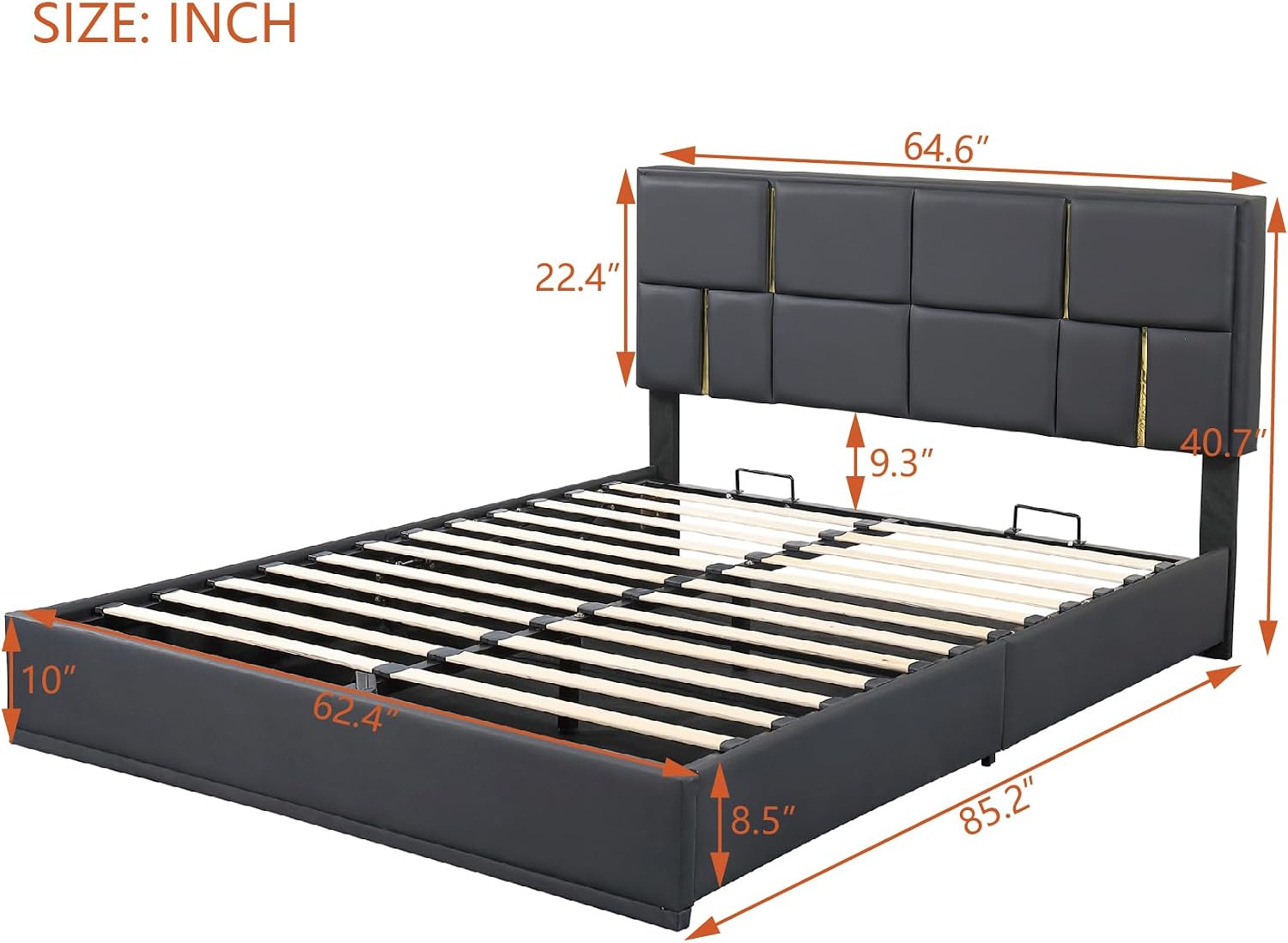 2 Pieces Bedroom Sets, Queen Size Velvet Upholstered Platform Bed with Hydraulic Storage System and Gold Decoration, Storage Ottoman with Metal Legs, Modern Design (Black)