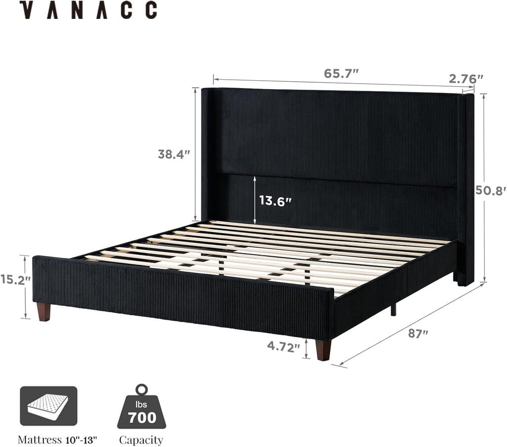 VanAcc Queen Size Platform Bed Frame, 50.8' Corduroy Upholstered Bed with Vertical Channel Tufted Headboard/Wooden Slats/Wingback/No Box Spring Required/Black