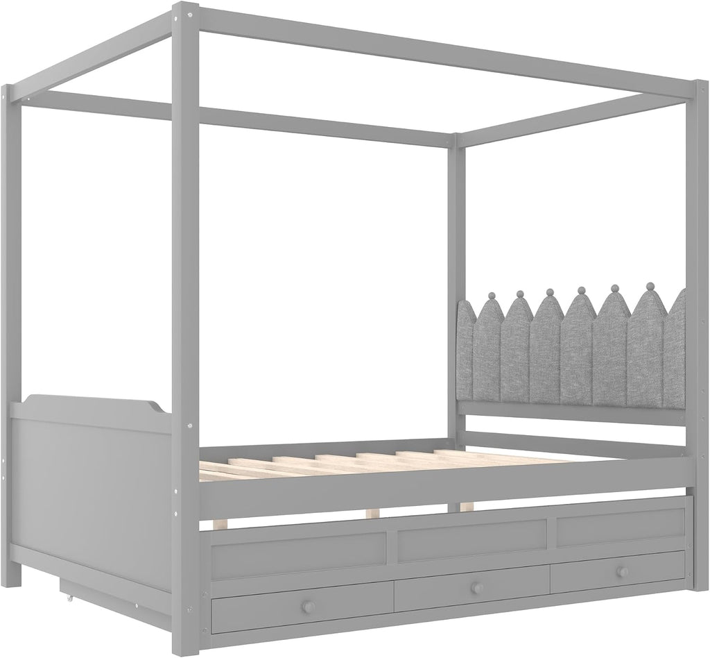 Full Size Wood Canopy Bed with Upholstered Headboard, Twin Size Trundle and 3 Drawers, No Box Spring Needed (Gray, Full)