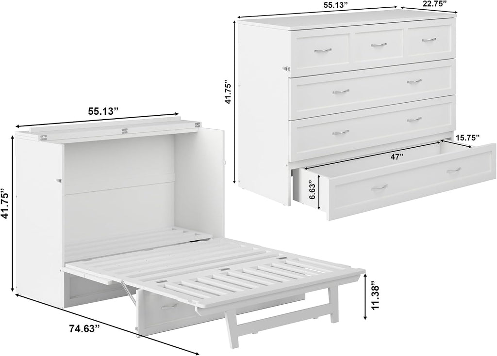 AFI, Northfield Murphy Bed Chest Full with 6' Mattress, Storage Drawer & Built-in USB Charger, White