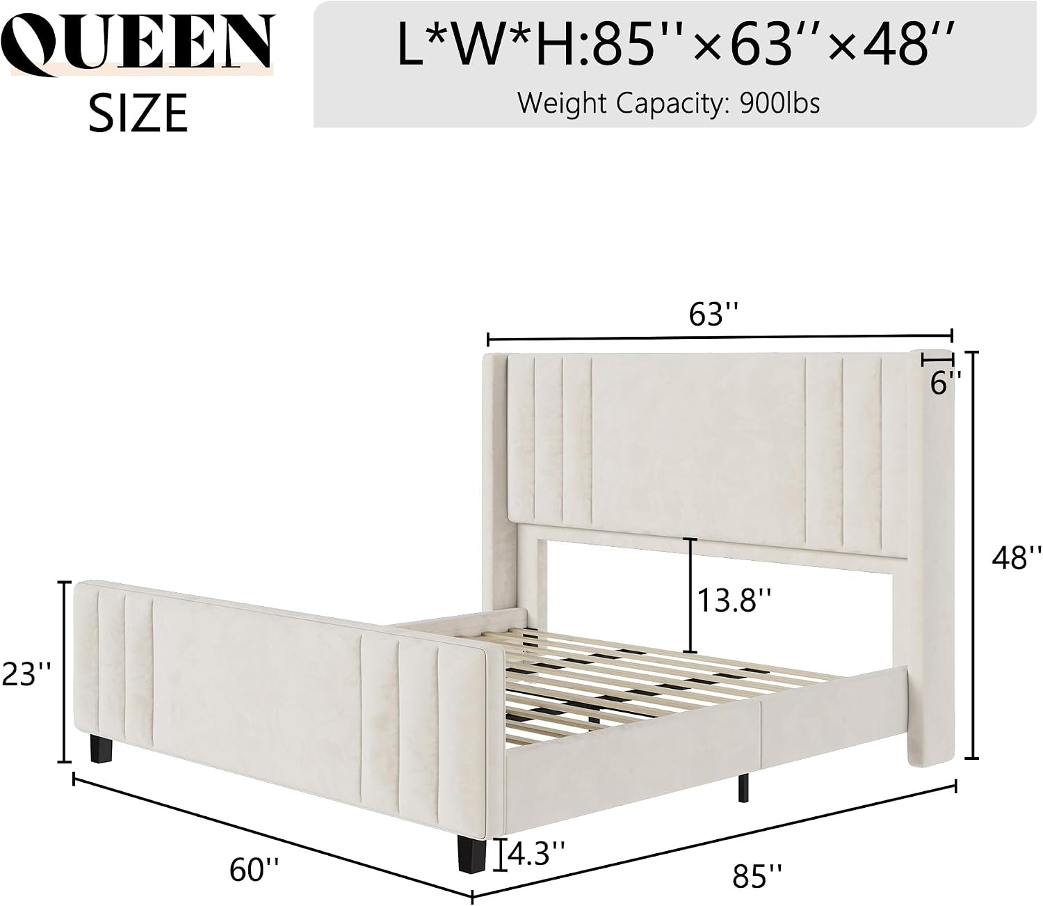 AMERLIFE Queen Size Bed Frame, Velvet Upholstered Platform Bed with Vertical Channel Tufted Headboard & Footboard/Wingback, Mattress Foundation with Wood Slats, No Box Spring Needed, Cream