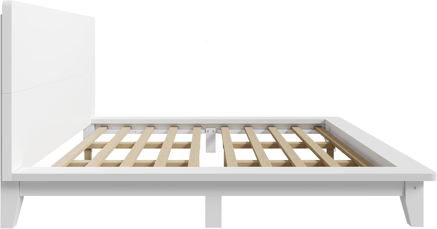 Merax King Size Solid Wood Platform Bed Frame, Modern Comfortable with Headboard, Slat Support, No Box Spring Needed, White