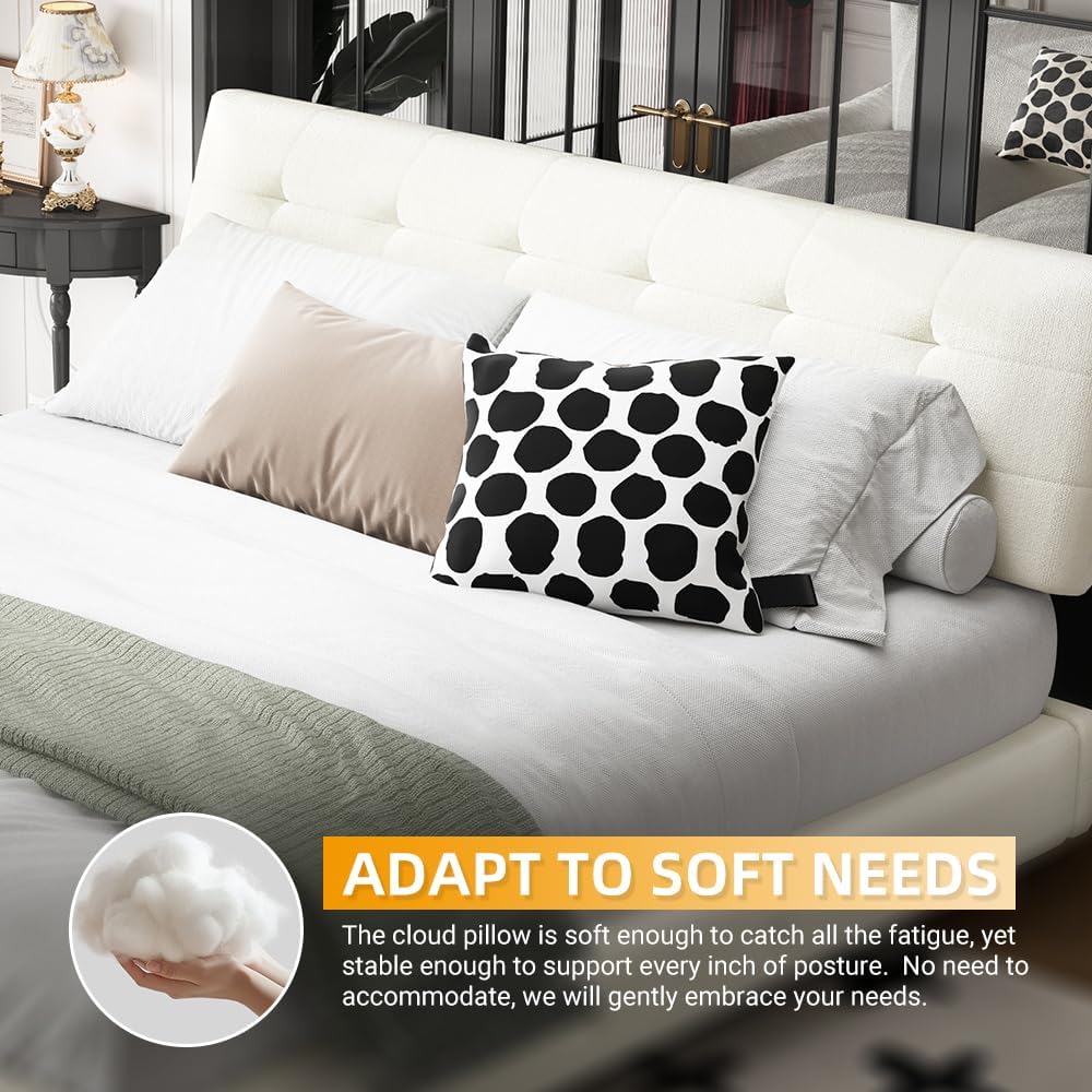 King Size Platform Bed Frame, Tufted Headboard with Extra-Large Ultra-Soft Cloud Pillow Design, Chenille Platform Bed with Metal and Wooden Slats Double Support, No Box Spring Needed (Beige-King,7)