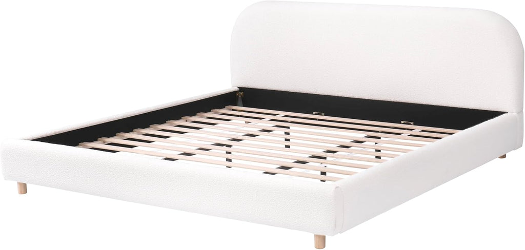 JIVOIT King Size Platform Bed with Curve-Shaped Design Headboard, Boucle Fabric Upholstered Platform Bed with Strong Support, Modern Bed Frame, No Box Spring Needed, Easy Assembly (White,King,8)