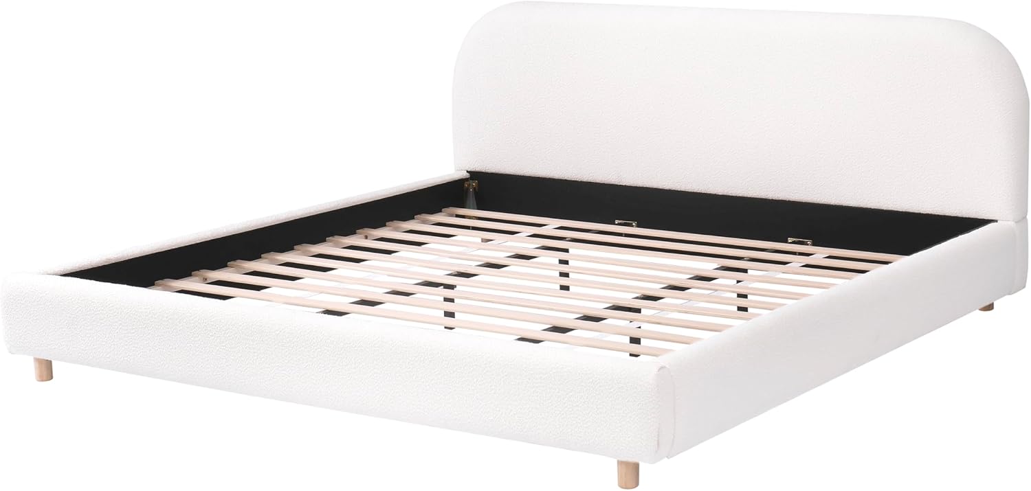 JIVOIT King Size Platform Bed with Curve-Shaped Design Headboard, Boucle Fabric Upholstered Platform Bed with Strong Support, Modern Bed Frame, No Box Spring Needed, Easy Assembly (White,King,8)