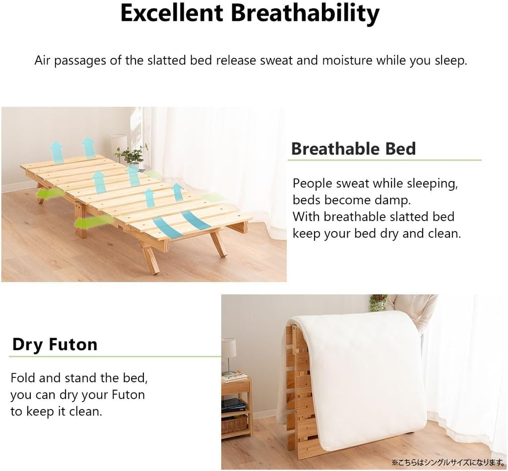 EMOOR Foldable Wood Slatted Floor Bed Frame OSMOS Daybed Size (26x71in) Solid Pine (Earth-Natural), Easy Assembly Space Saving Storable Floor Life Tatami