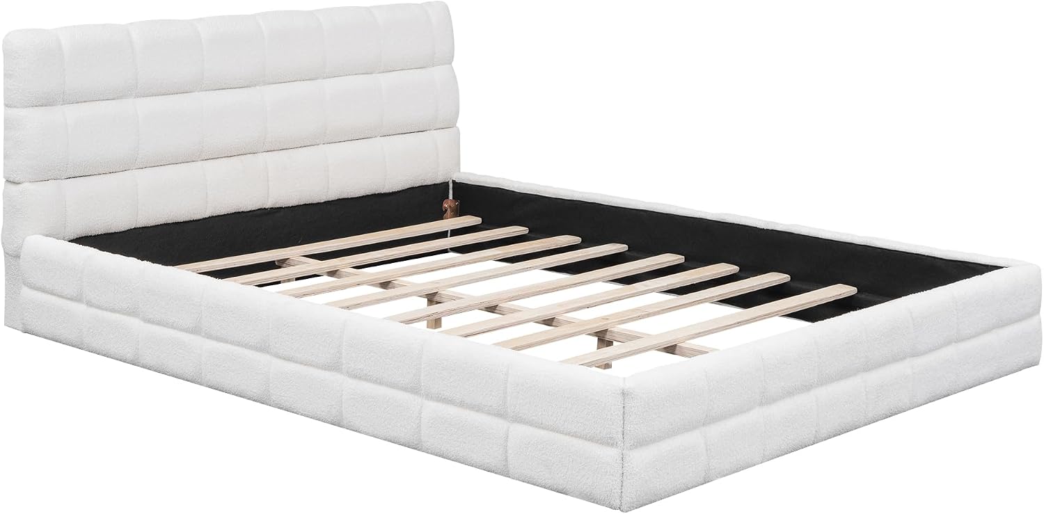 JIVOIT Queen Size Upholstered Platform Bed, Berber Fleece Upholstered Bed with Upholstered Headboard, Wood Low Platform Bed Frame with Wood Slats Support, No Box Spring Required (White & 12)