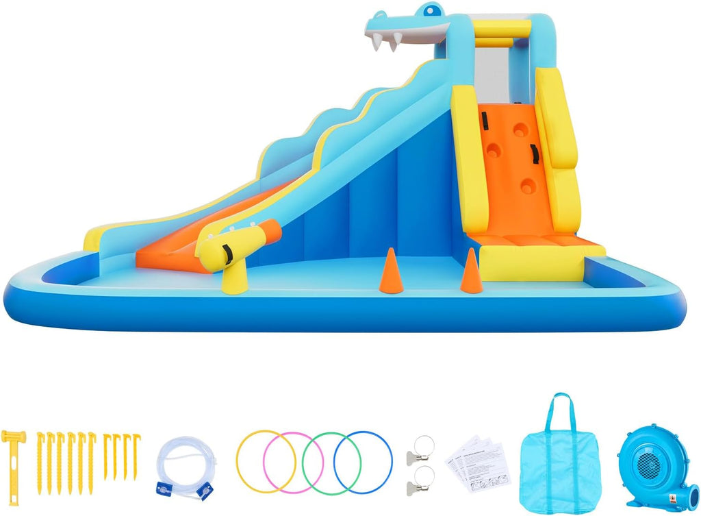 VEVOR Inflatable Crocodile Bounce House with Blower, 6-in-1 Kids Water Park with Slide, Splash Pool, Water Cannon, Ring Toss & Climbing Wall, Backyard Bouncy Castle for Kids Party Gifts