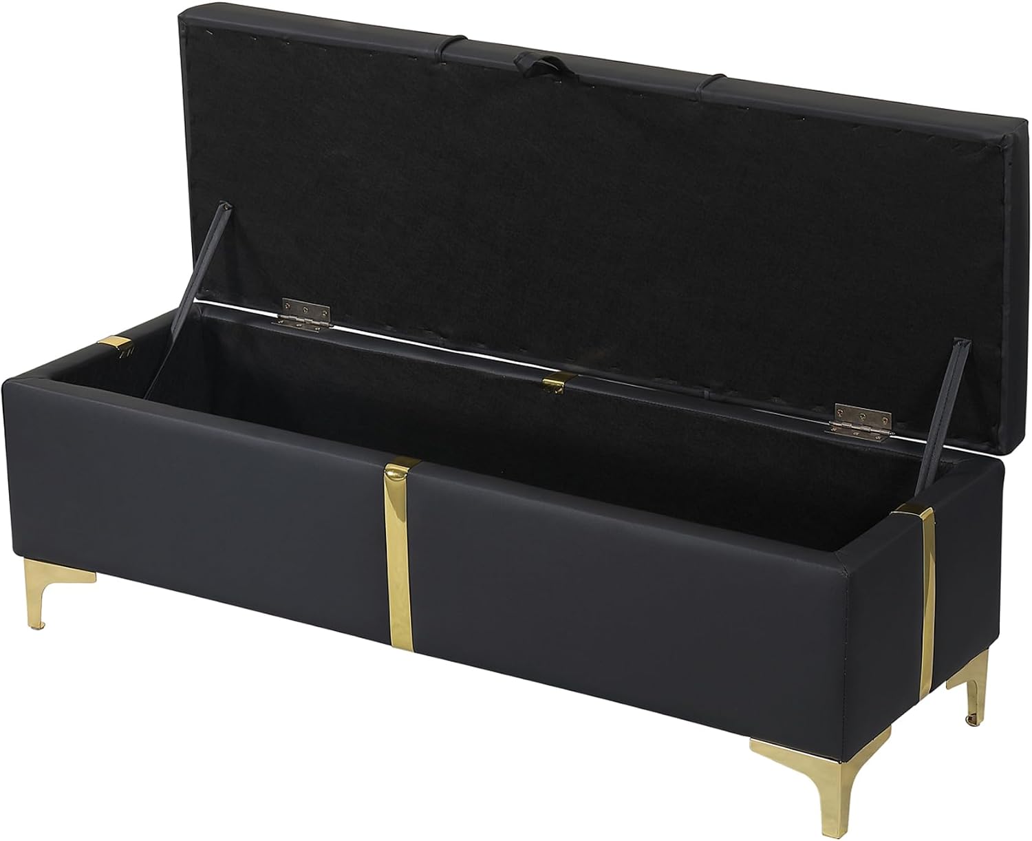 2 Pieces Bedroom Sets, Queen Size Velvet Upholstered Platform Bed with Hydraulic Storage System and Gold Decoration, Storage Ottoman with Metal Legs, Modern Design (Black)