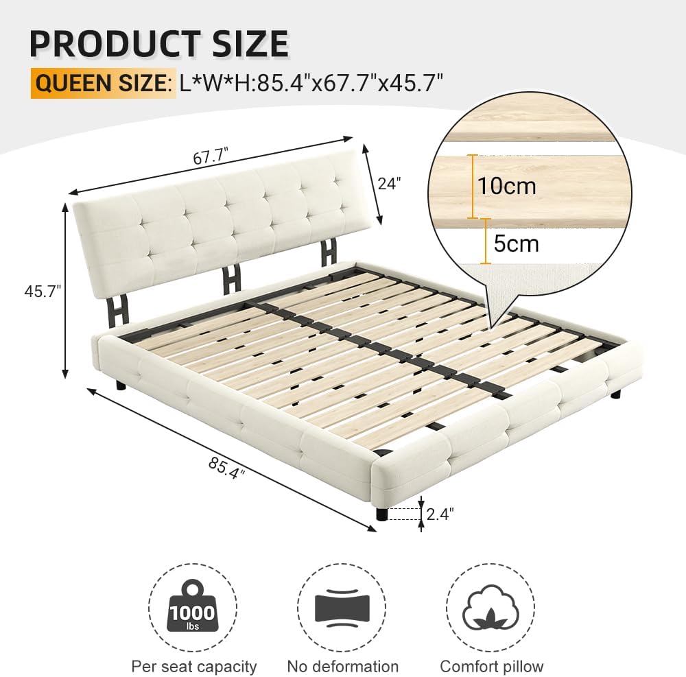 Queen Size Platform Bed Frame, Tufted Headboard with Extra-Large Ultra-Soft Cloud Pillow Design, Chenille Platform Bed with Metal and Wooden Slats Double Support, No Box Spring Needed (Beige-Queen,7)