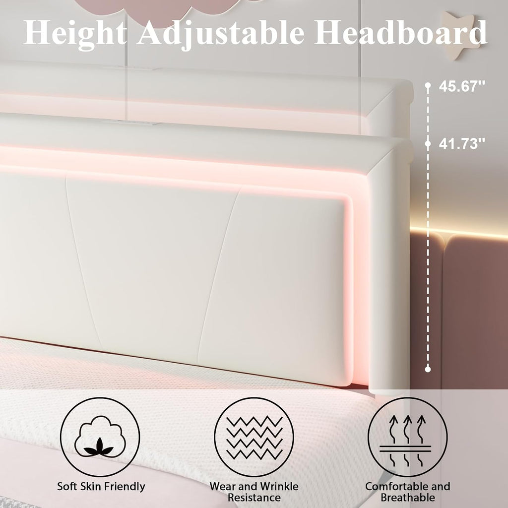 LoVinson Twin Size Bed Frame with 4 Storage Drawers, Charging Station and LED Light, Adjustable Upholstered Headboard, Noise-Free, No Box Spring Needed, Easy Assembly, White