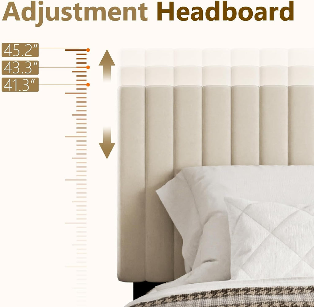 Sismplly Full Size Bed Frame with Velvet Upholstered Headboard, Platform Bed with Strong Wood Slats, Mattress Foundation, Box Spring Optional, Easy Assembly, Beige