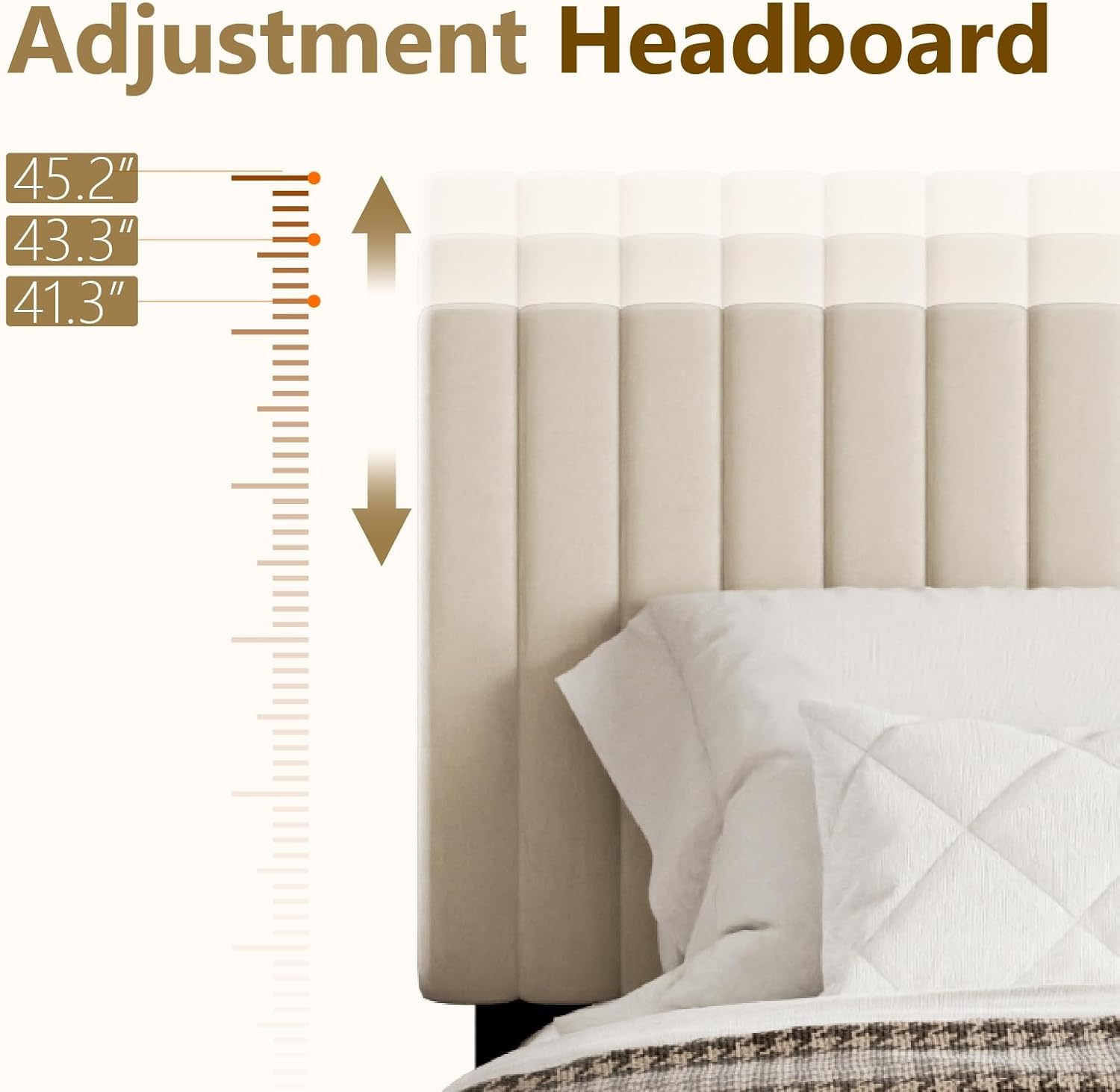 Sismplly Full Size Bed Frame with Velvet Upholstered Headboard, Platform Bed with Strong Wood Slats, Mattress Foundation, Box Spring Optional, Easy Assembly, Beige