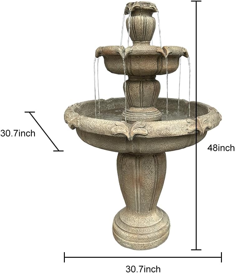 SunJet 48' High Modern Concrete Outdoor Water Fountain - 3 Tiered Large Floor Water Fountain and Waterfalls with Electric Pump for Garden, Patio, Yard, and Deck Decor, Featuring Natural Stone Look