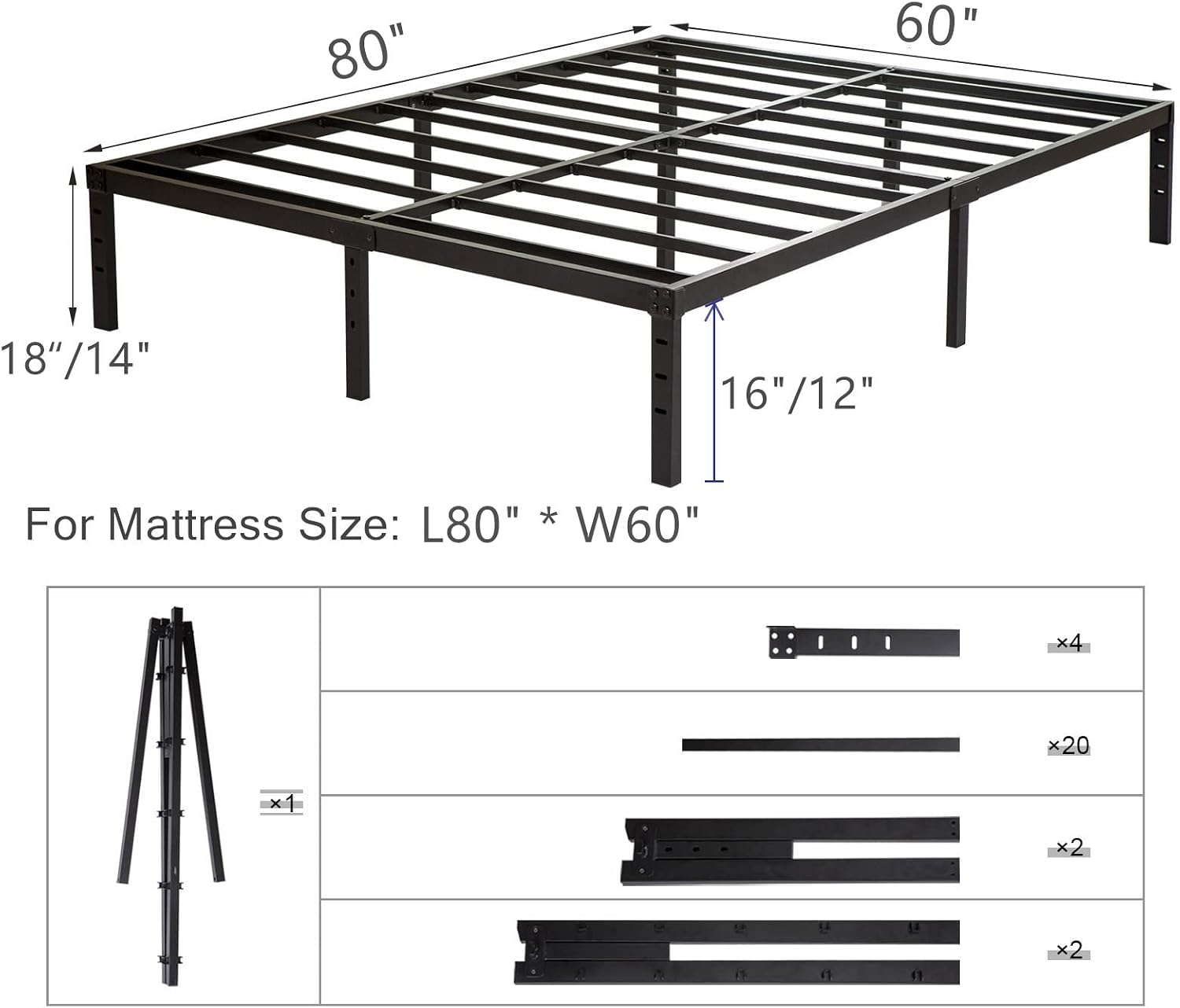 Wulanos Queen Size Bed Frame 18 inch Tall, 3500lbs Heavy Duty Metal Platform with Steel Slats Support, No Box Spring Needed, 18-inch Bedframe with Ample Storage, Sturdy and Noise-Free, Black