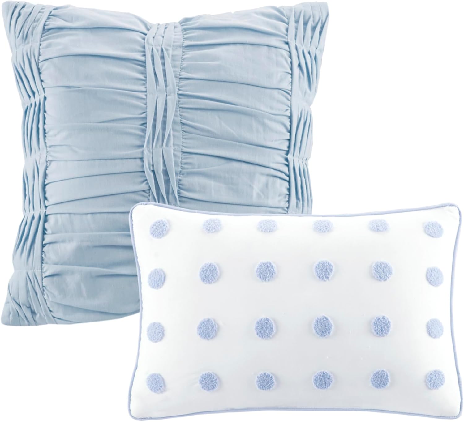 Intelligent Design Cotton Comforter Set - Jacquard Tufts Pompom Design All Season Bedding, Matching Shams, Decorative Pillows, Full/Queen (88 in x 92 in), Blue 7 Piece
