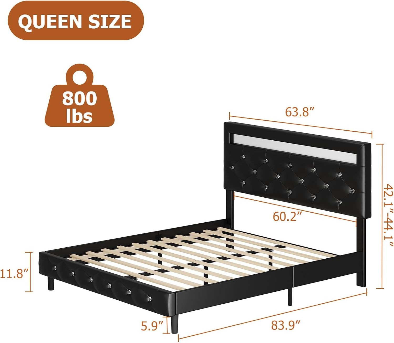 Keyluv Modern Upholstered Queen Bed Frame with LED Lights, Faux Leather Low Profile Platform Bed Frame, Adjustable Crystal Button Tufted Headboard, Strong Wood Slat Support, Easy Assembly, Black