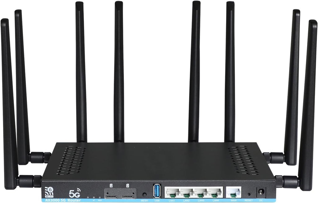 AX3000 5G WiFi 6 Router Unlocked with Dual SIM + eSIM, Sub-6GHz 2Gbps 5G NR Worldwide Bands n41/n77/n78 Compatible with AT&T T-Mobile Verizon, 8 External Antennas, 4 Gigabit LAN, OpenWRT