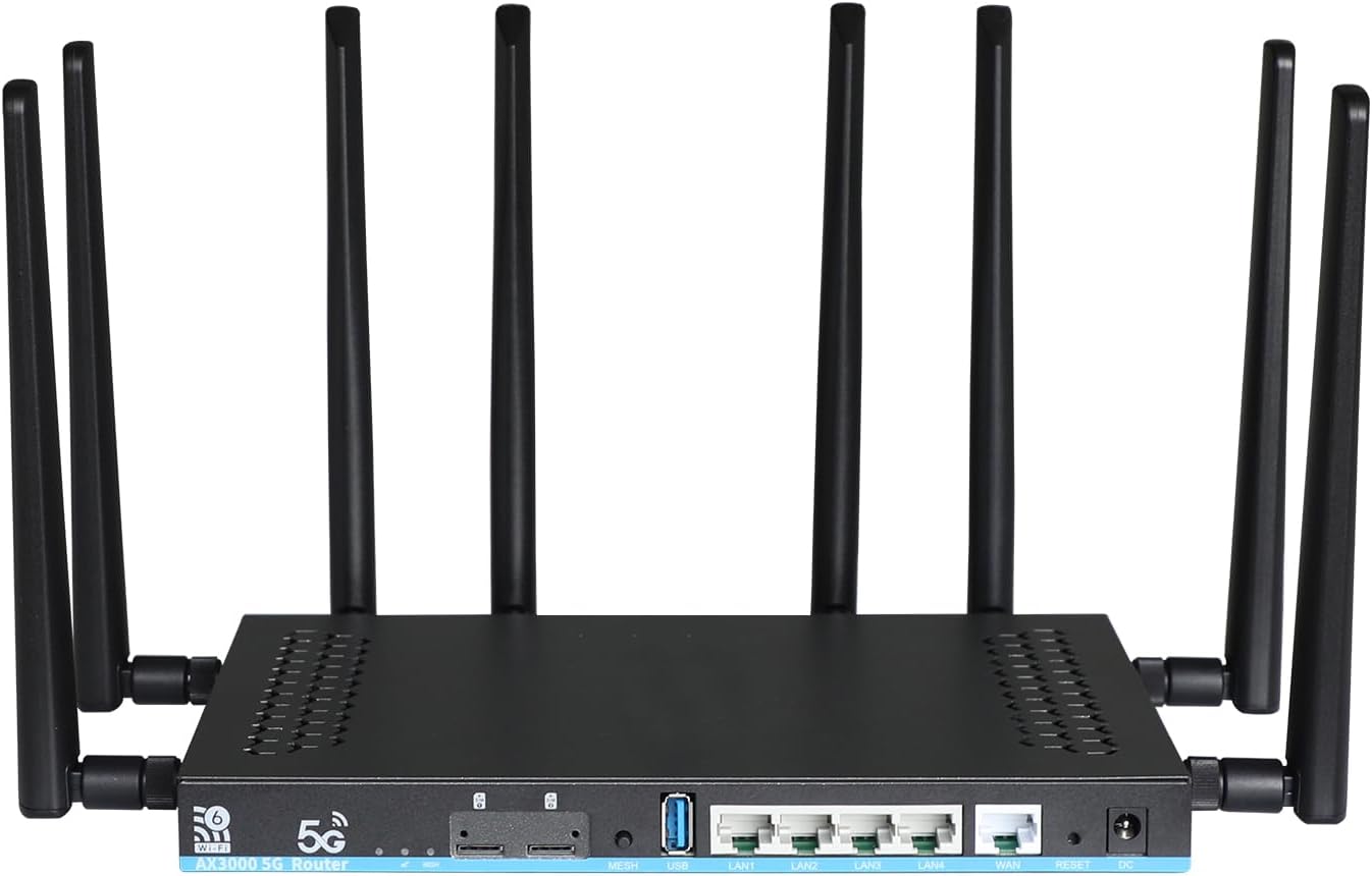 AX3000 5G WiFi 6 Router Unlocked with Dual SIM + eSIM, Sub-6GHz 2Gbps 5G NR Worldwide Bands n41/n77/n78 Compatible with AT&T T-Mobile Verizon, 8 External Antennas, 4 Gigabit LAN, OpenWRT
