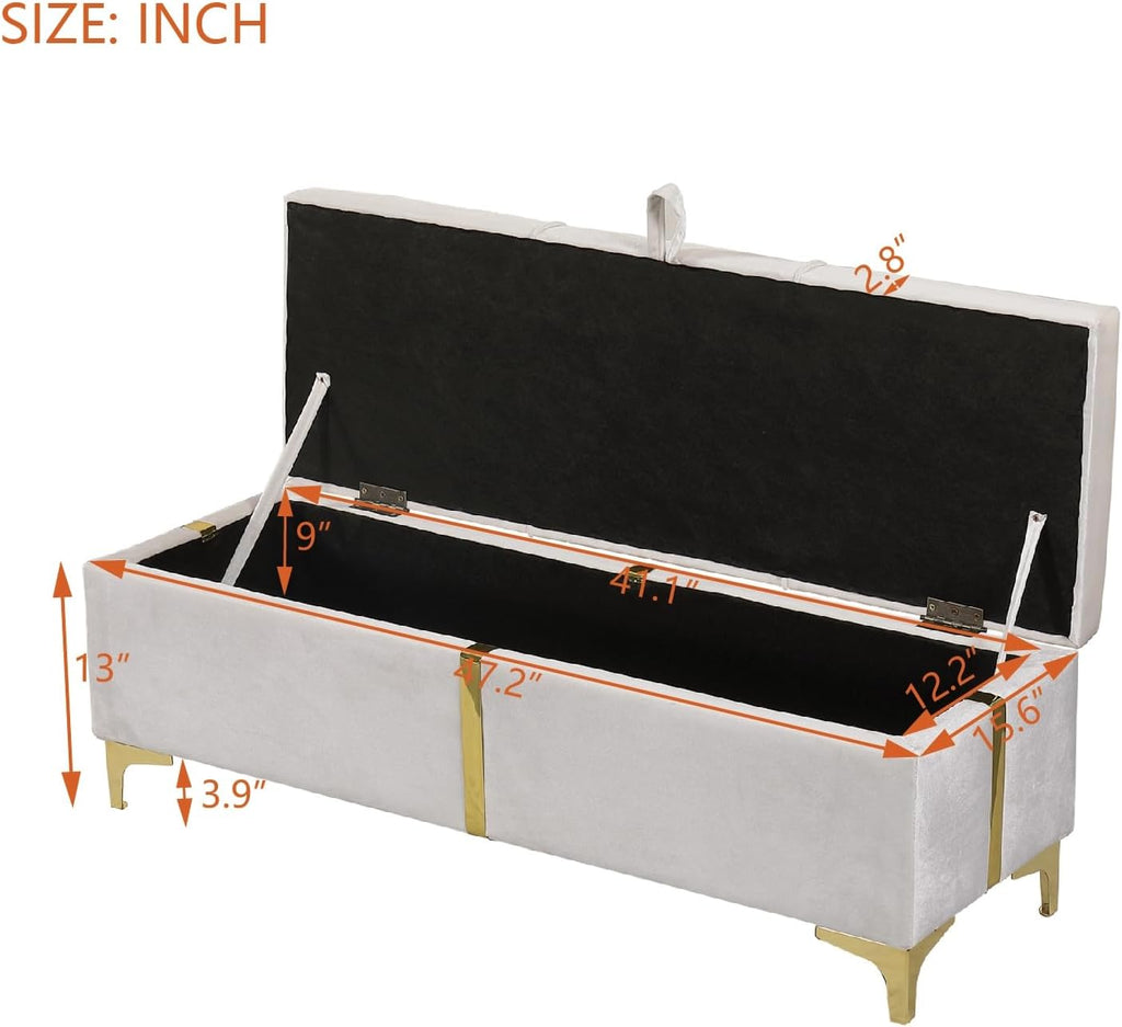 2 Pieces Bedroom Sets, Queen Size Velvet Upholstered Platform Bed with Hydraulic Storage System and Gold Decoration, Storage Ottoman with Metal Legs, Modern Design (Beige)
