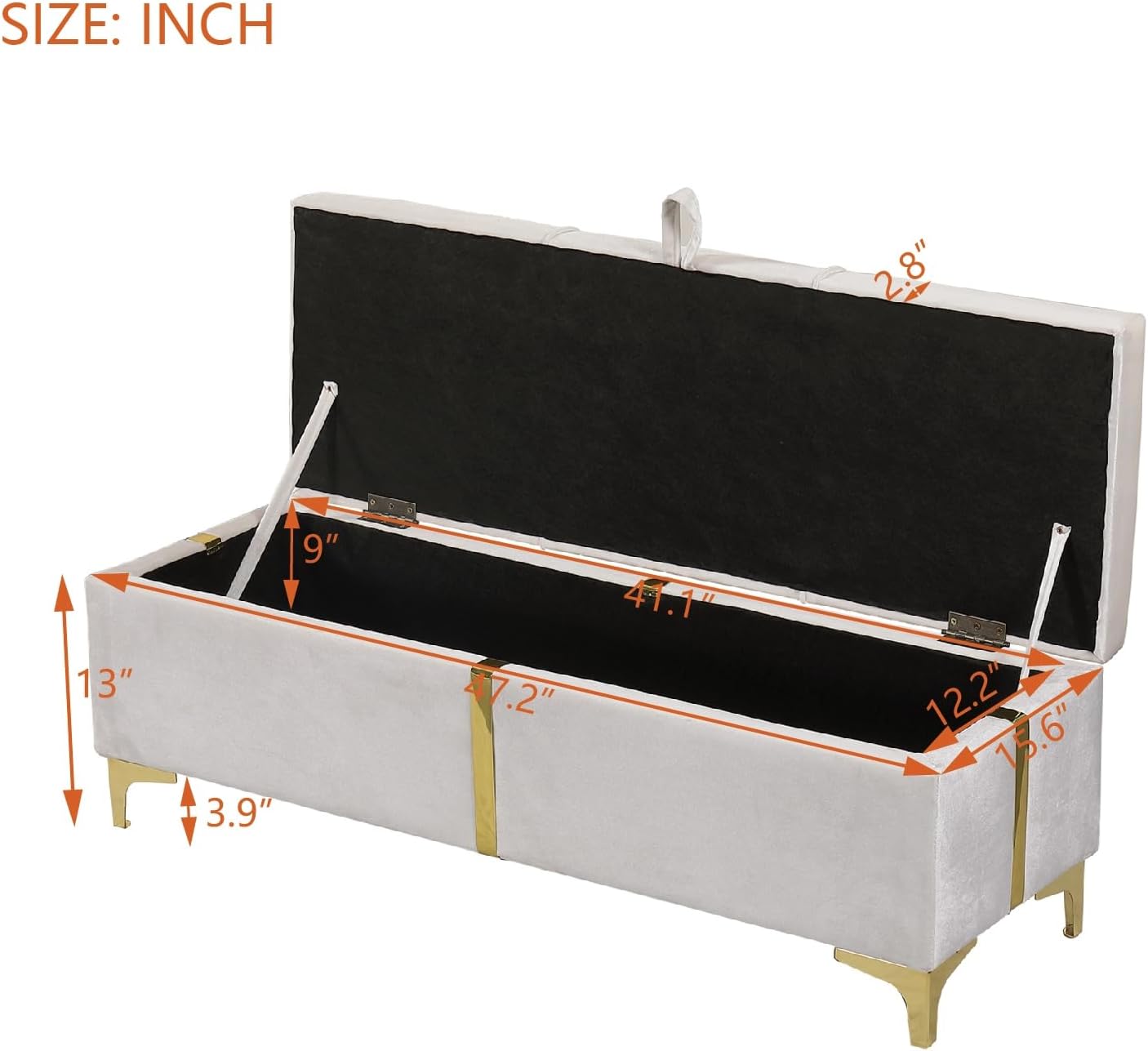2 Pieces Bedroom Sets, Queen Size Velvet Upholstered Platform Bed with Hydraulic Storage System and Gold Decoration, Storage Ottoman with Metal Legs, Modern Design (Beige)