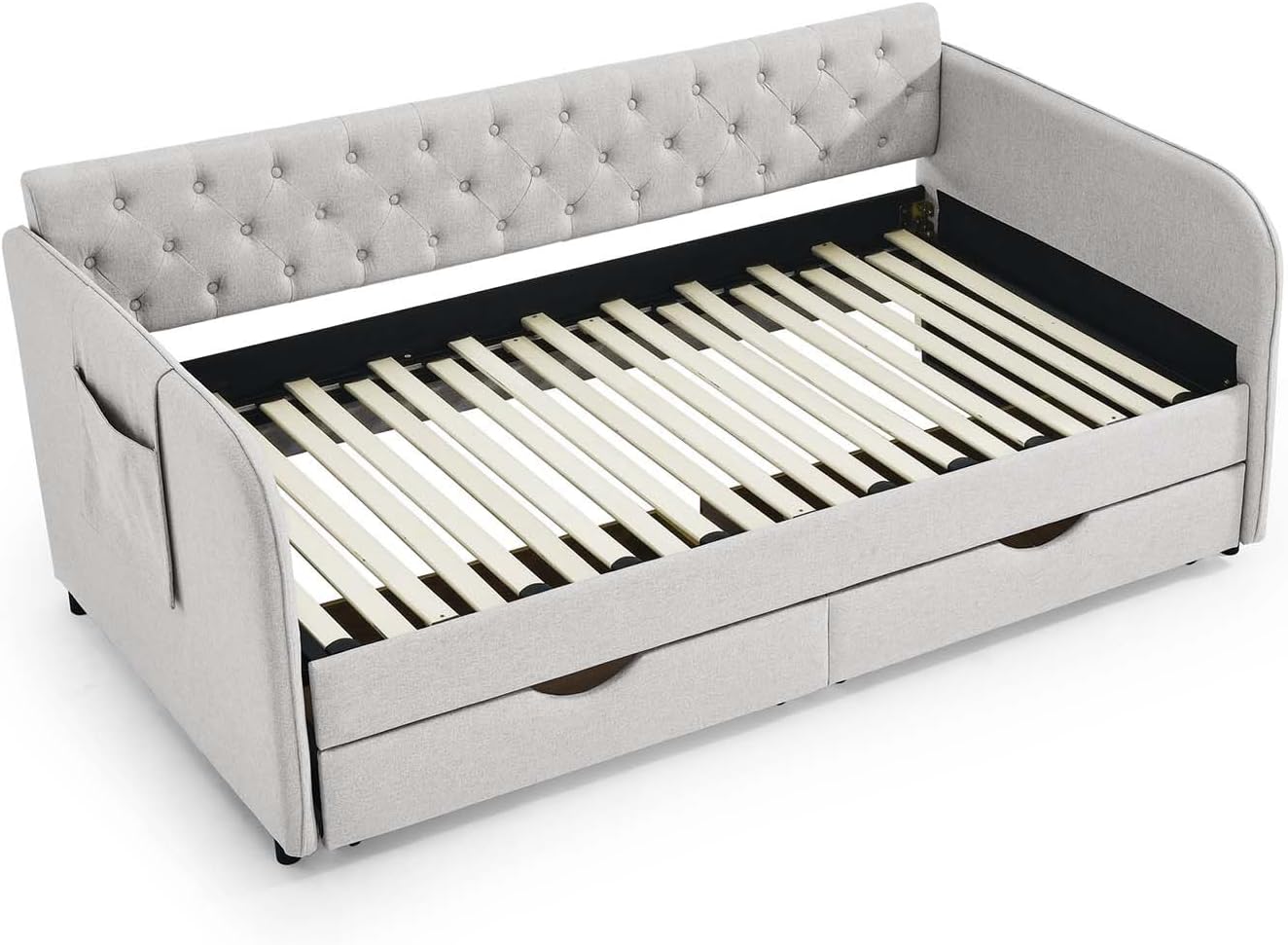Antetek 80.5' Daybed with Drawer, Modern Button Tufted Linen Day Bed with Trundle Bed Twin to King, Upholstered Daybed Frame w/Storage Pocket for Bedroom, Living Room, No Box Spring Needed, Beige