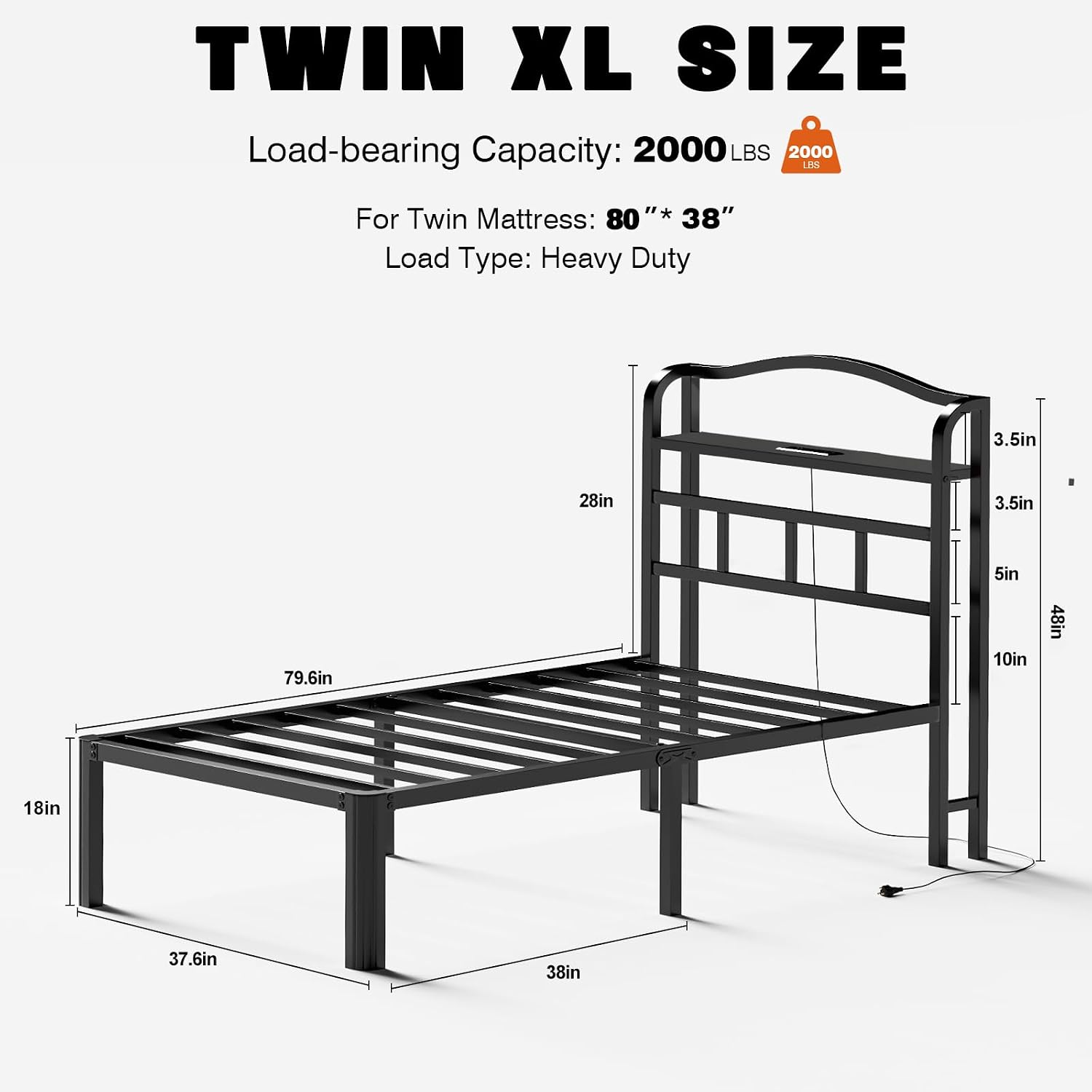 Twin XL Bed Frames with Headboard Metal Mattress Foundation 18 Inch Tall Bed Frame No Box Spring Needed Black Platform Bed Frame with Charging Station (18 Inch-A1, Twin XL)