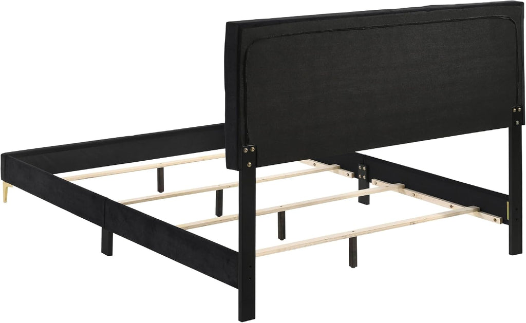 Benzara Dle 5 Piece Queen Bedroom Set, Tufted Black Velvet, Modern Gold Accent