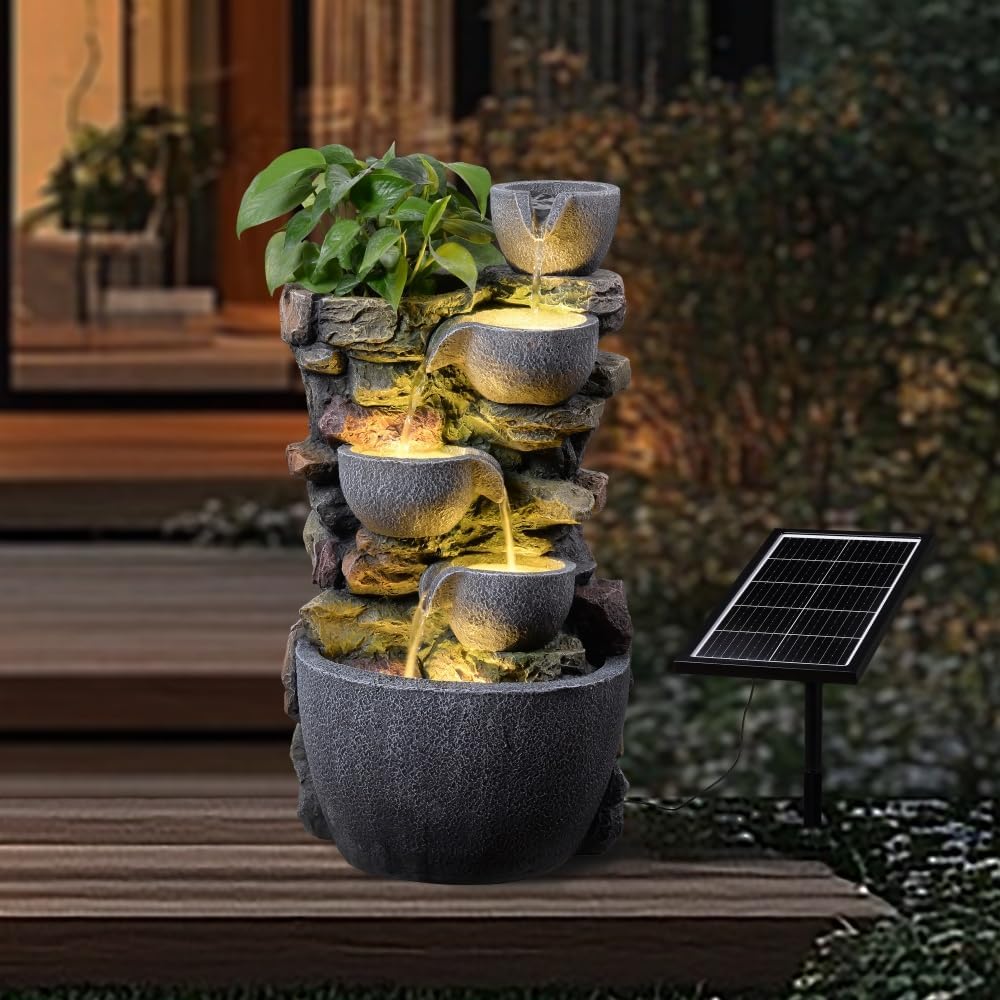 Solar Powered Water Fountain Outdoor, DIY Planter Pot Waterfall Fountain with LED Lights, Relaxing Water Feature Landscape Decor for Garden, Patio, Backyard, Home Decoration