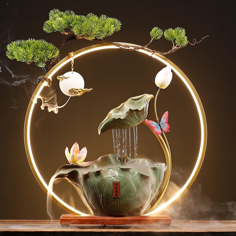 Desktop Fountain Tabletop Fountain Ceramic Flowing Water Ornaments Circulating Water Simple Modern Living Room Decorations Waterfall Fountain(B)