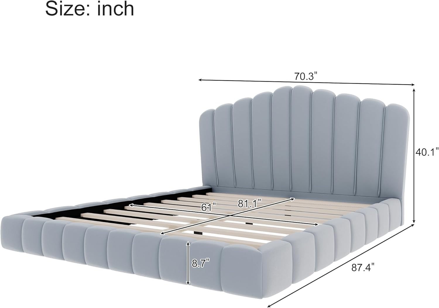 JIVOIT Velvet Upholstered Platform Bed, Queen Bed Frame with Shell-Shaped Headboard, Low-Profile Platform Design with Wood Slats Support, No Box Spring Needed (Light Blue * 167)