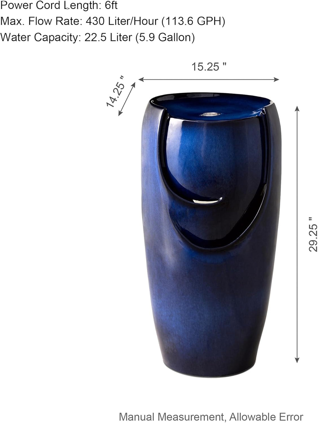 Glitzhome Outdoor Water Fountain with LED Light, Oversized Ceramic Vase Water Fountains Outdoor, Tall Water Feature Backyard Fountain for Garden Patio, Cobalt Blue, 29.3'H