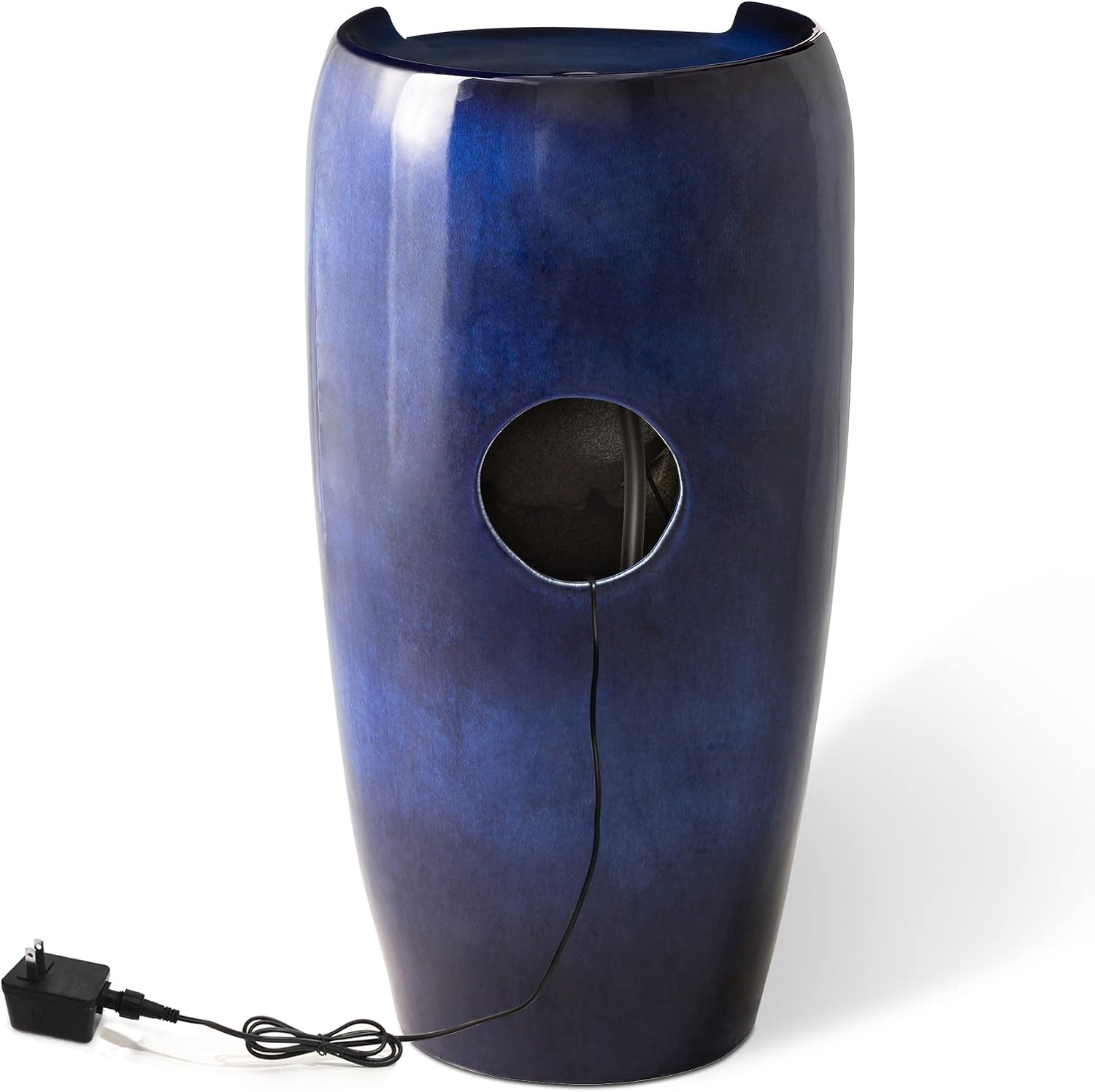 Glitzhome Outdoor Water Fountain with LED Light, Oversized Ceramic Vase Water Fountains Outdoor, Tall Water Feature Backyard Fountain for Garden Patio, Cobalt Blue, 29.3'H