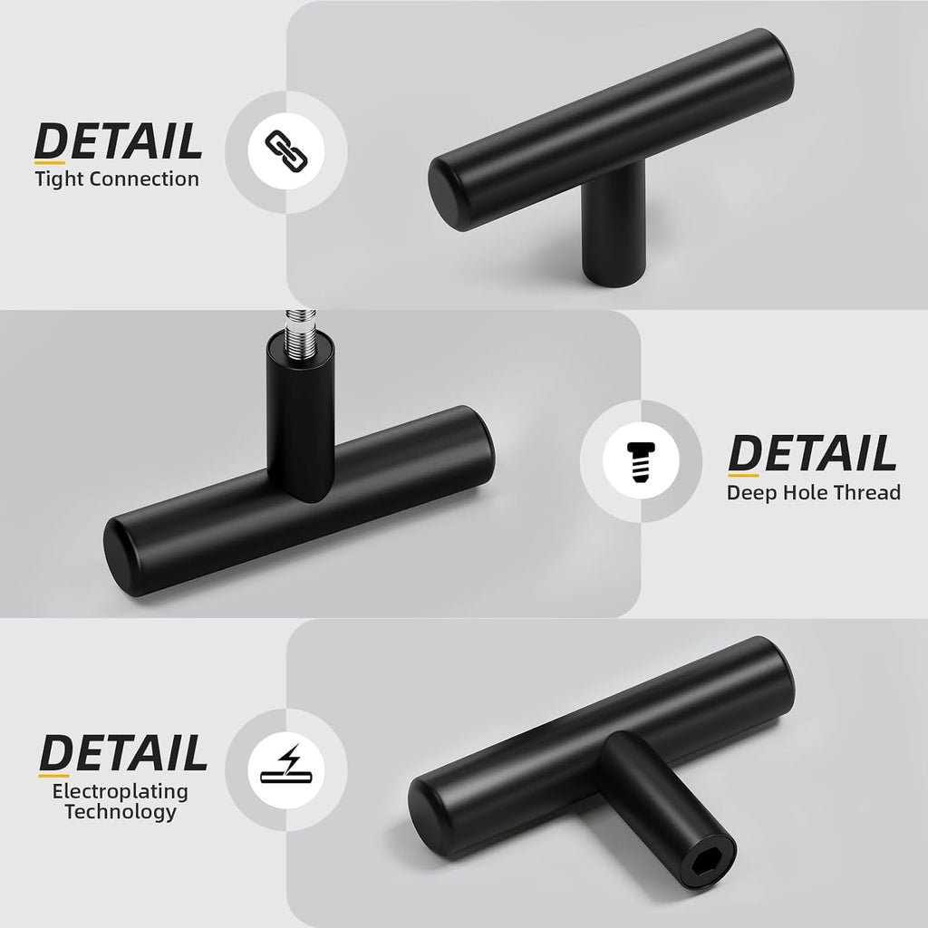 Goldenwarm 100 Pack Black Cabinet Knobs Matte Black Drawer Knobs, T Bar Kitchen Cabinet Handles, Single Hole Drawer Pulls for Cupboards Dresser Bedroom