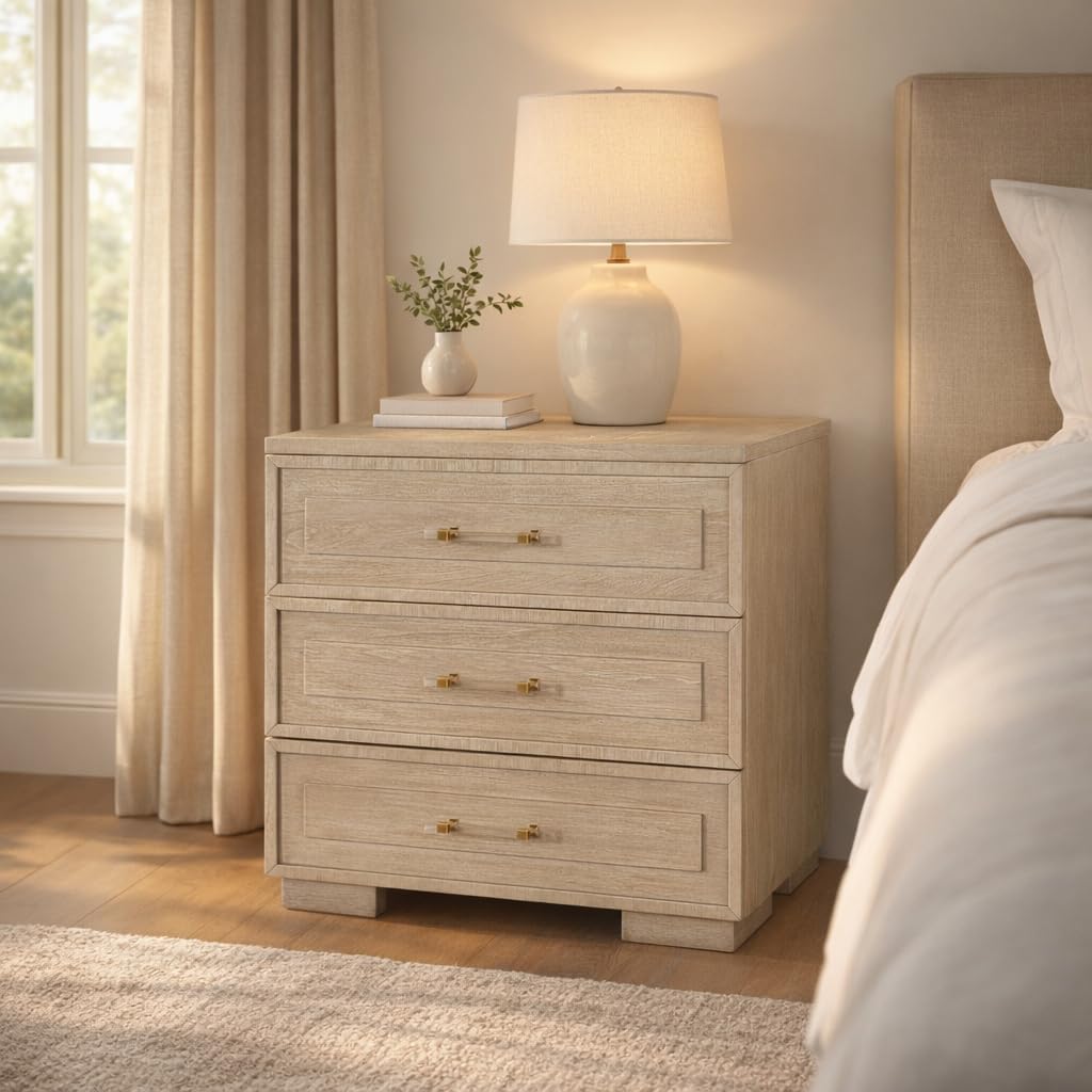 First of a Kind Celine Modern Nightstand - Wood Warm Finish Contemporary Bedside Table Clean Lines, Sleek Handles 32 Inch - Bedroom Furniture for Coordinated Interiors