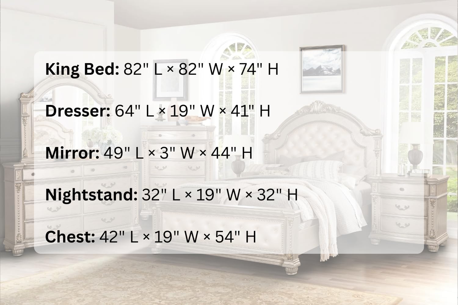 First of a Kind Evelyn Traditional 5 Piece King Bedroom Set with Upholstered Tufted Headboard Elegant European Inspired Design Coordinated Furniture Collection