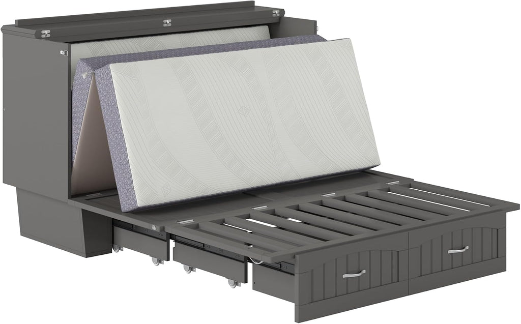 AFI, Nantucket Queen Murphy Bed Chest with Mattress, Storage Drawer and Built-In USB Charger, Grey